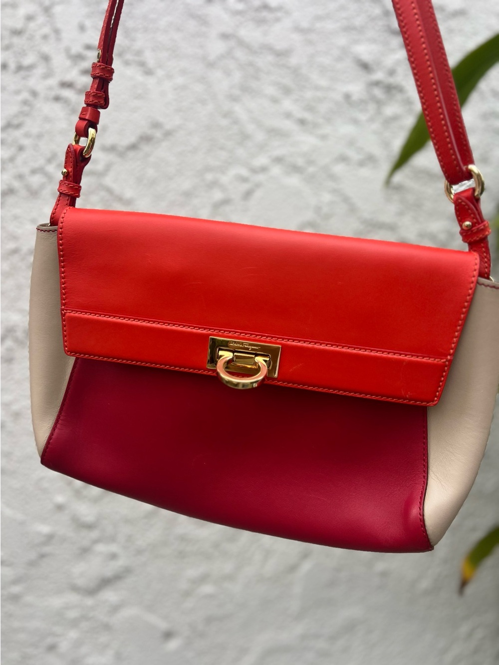 Salvatore Ferragamo Gancini Flap Shoulder Bag: Red Colorblock Leather